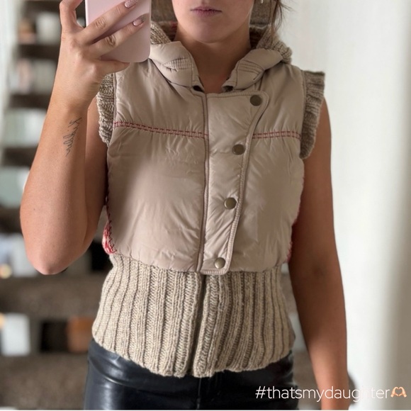 Free People Hooded Knit & Puffer Vest – Tan & Red Fair Isle – Size M - Picture 13 of 16